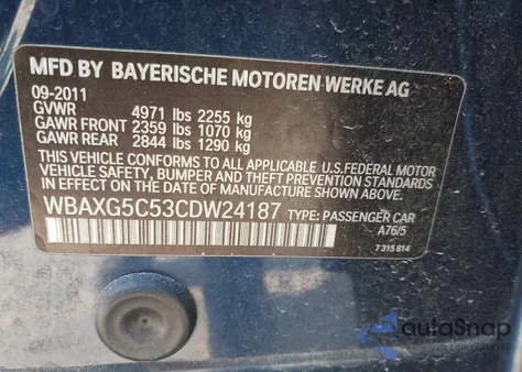 2012 BMW 528I z USA, uszkodzony, nr VIN WBAXG5C53CDW24187